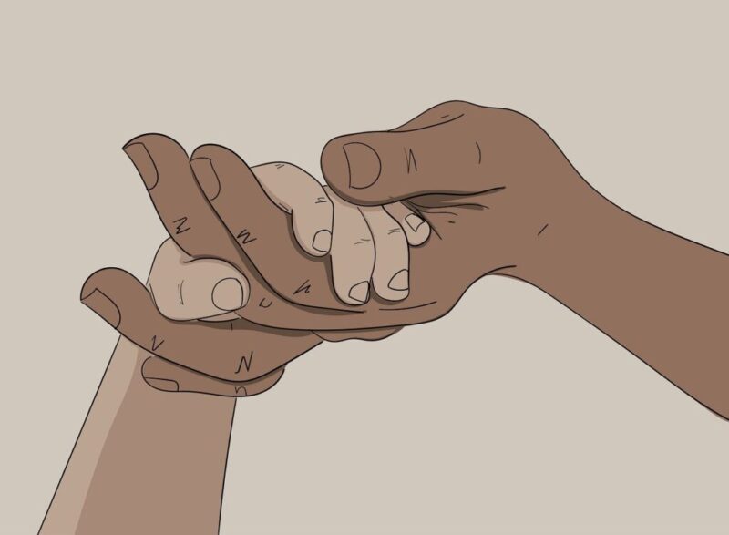 A illustration of an adult's hand holding a child's hand with a plain background.
