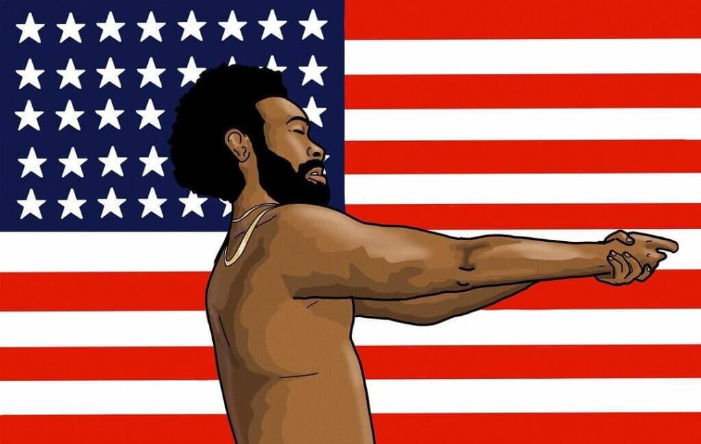 An illustration of rapper Childish Gambino miming holding a gun with his hands in front of an American flag.