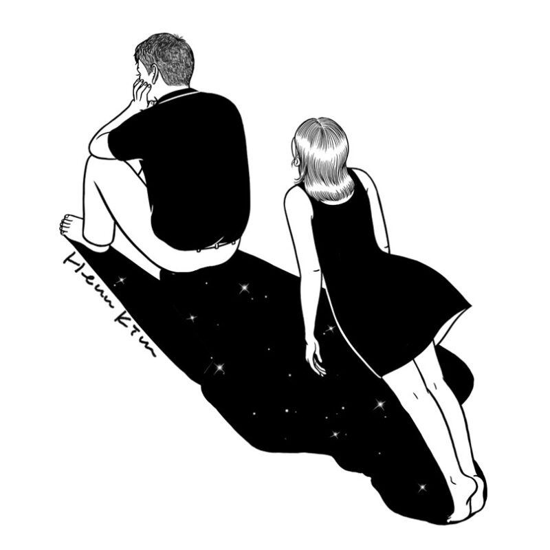 a black and white illustration depicting a man sitting with his back to a girl who is floating towards him, and their shadows are made of stars.