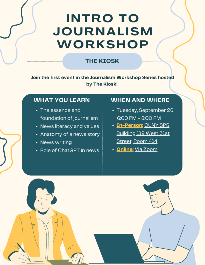 A poster for the first Kiosk journalism workshop, "Intro to Journalism Workshop" with an illustration of two people writing.