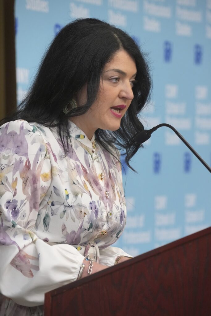 Kristine Pisano delivers the graduate student address. Pisano, the assistant director of nursing at the Children’s Hospital at Montefiore Hospital, is also an adjunct professor and soon-to-be graduate of the CUNY SPS Nursing Education master’s program.