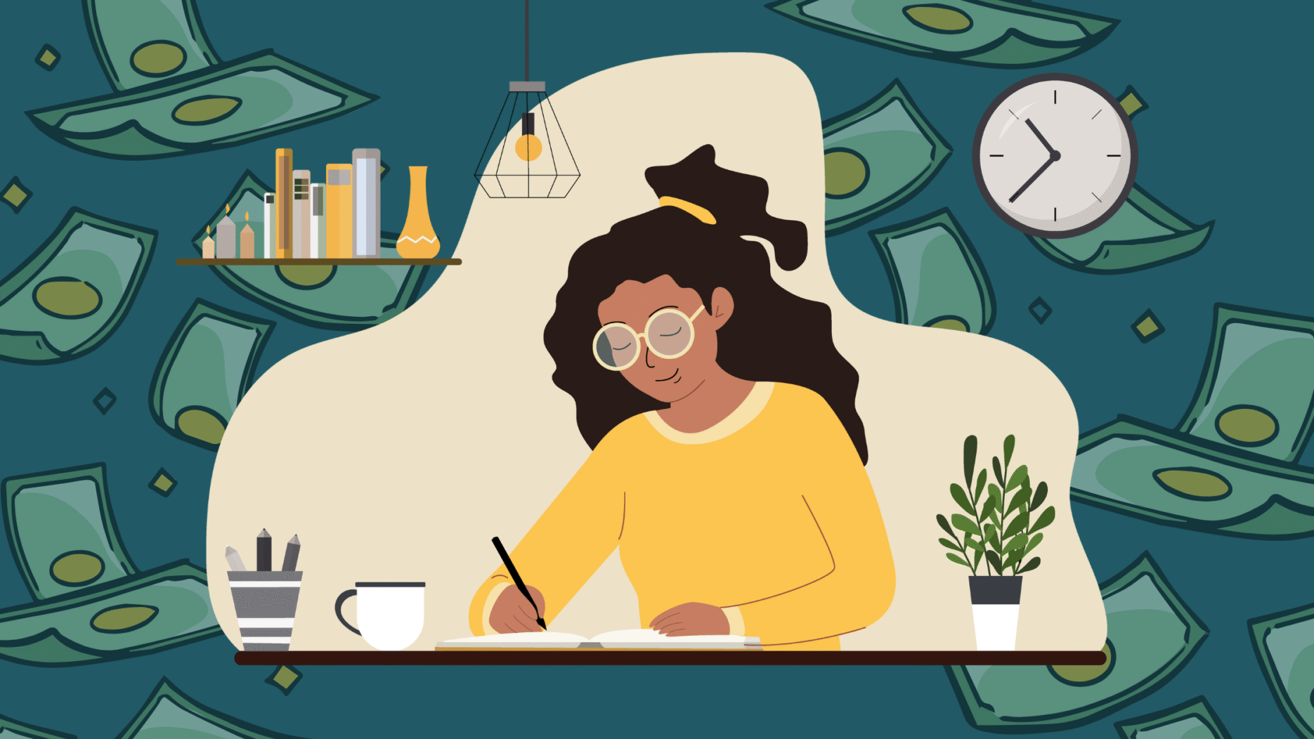 a girl is in the center writing something down.