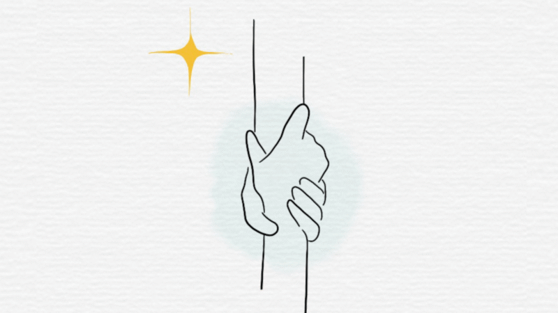 white background with yellow star. two hands are in the center grabbing on to each other