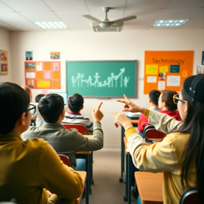 students in a classroom facing the blackboard with hands raised.