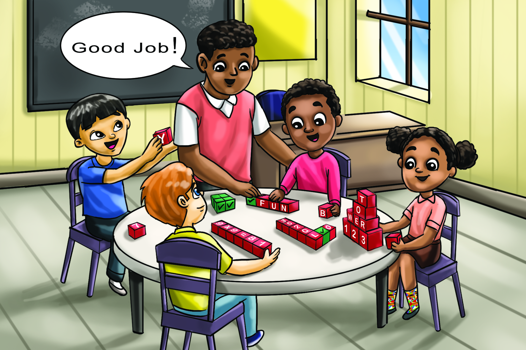 5 young children sitting around a table with red blocks on it.