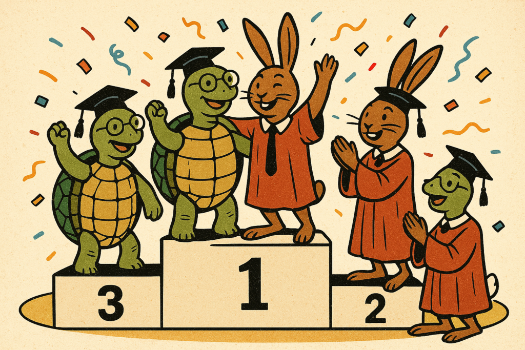 3 tortoises and 2 hares. 3 of them are on first, second and third podiums.