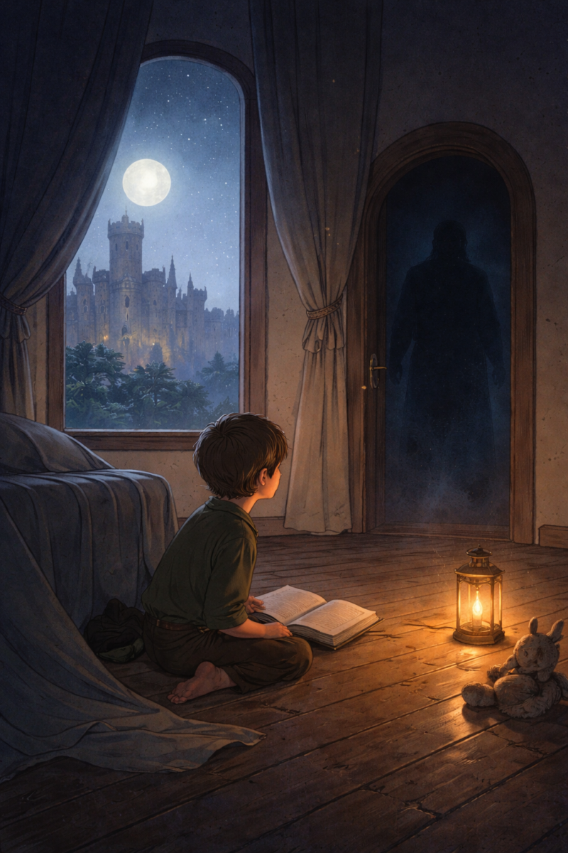 child in a room with a candle looking out a window and sees a castle in the distance