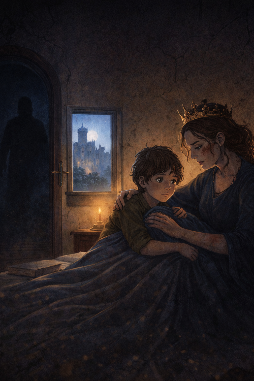 child with mom. dimly lit background with a window behind them