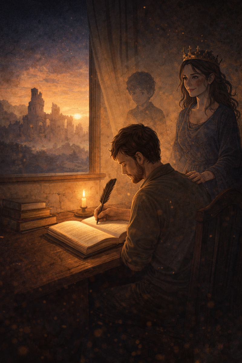 Man in a dimly lit room writing into a book