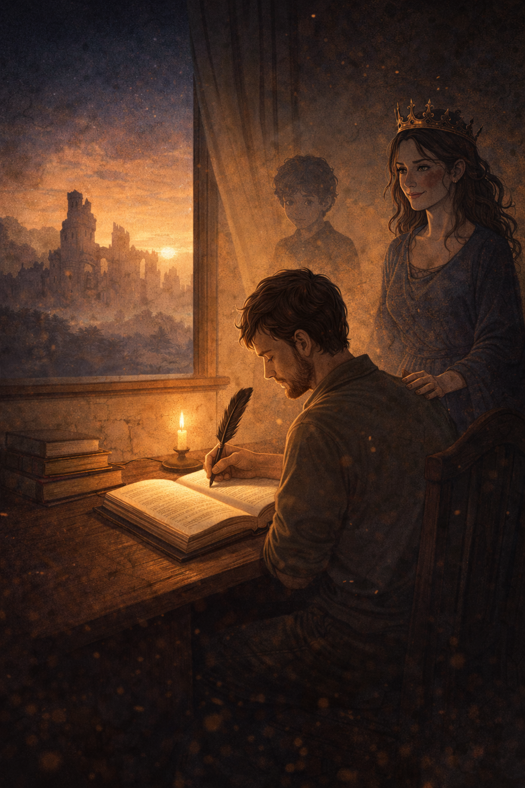 Man in a dimly lit room writing into a book