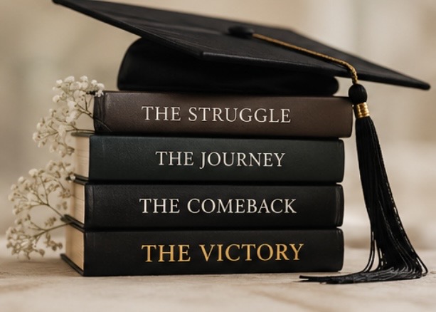 4 books stacked on top of each other with a black graduation cap on it