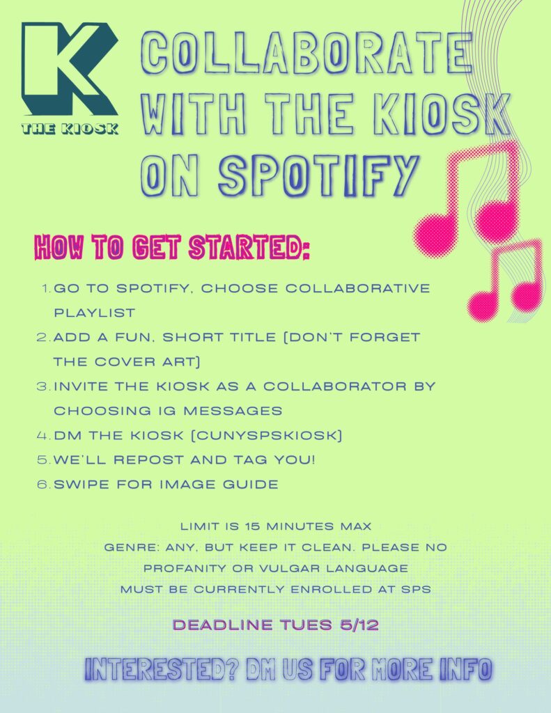 Current image: lime green background collaborate with the kiosk on spotify flyer