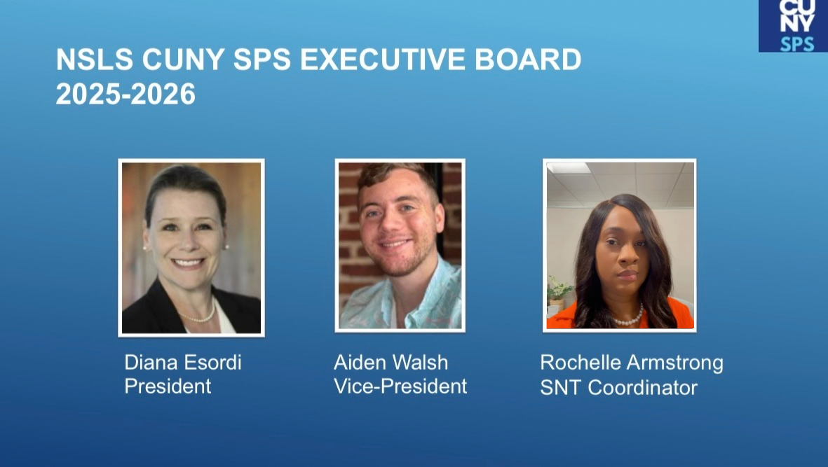 3 headshots of the executive board from nsls. blue background
