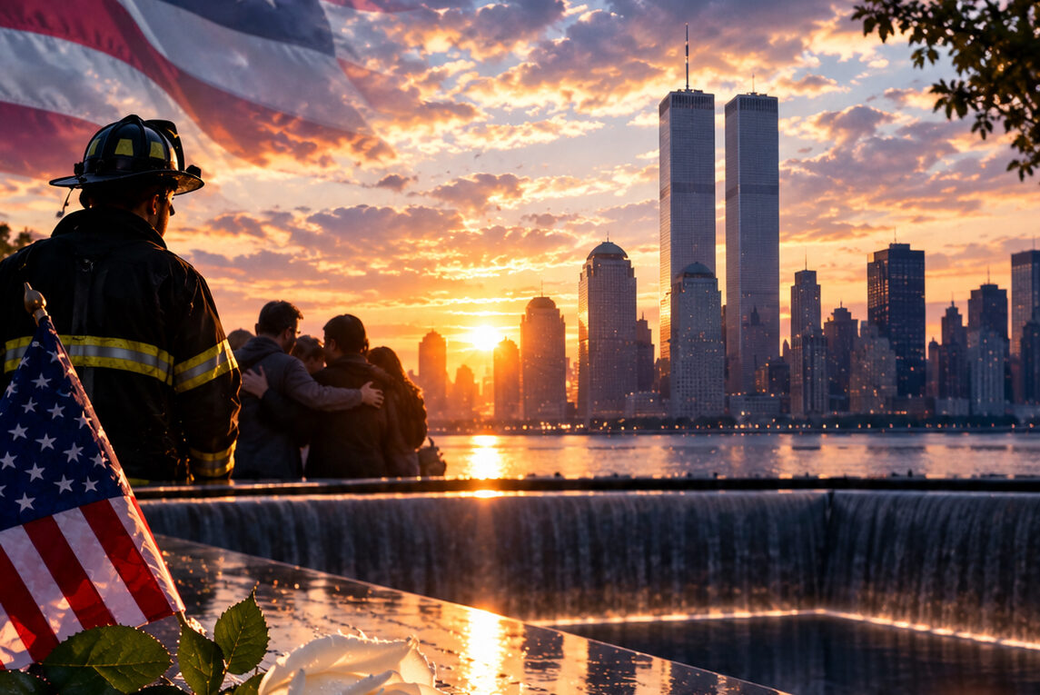 new york skyline with twin towers in the distance and american flag in the sky
