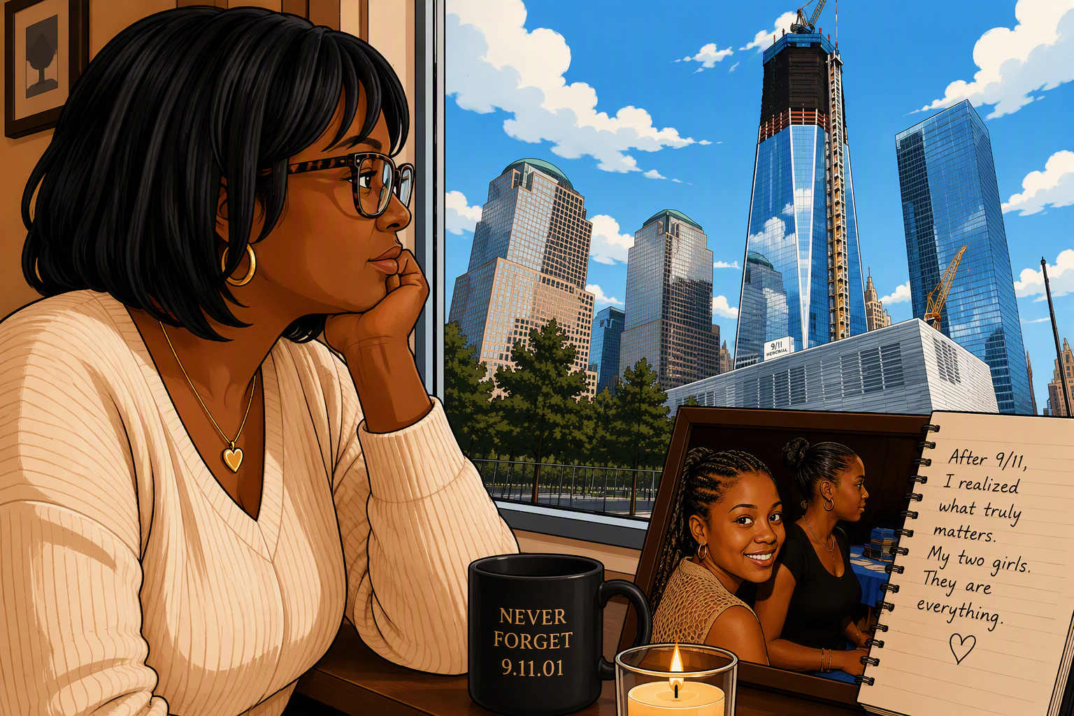woman looking out of a window watching the freedom tower being built